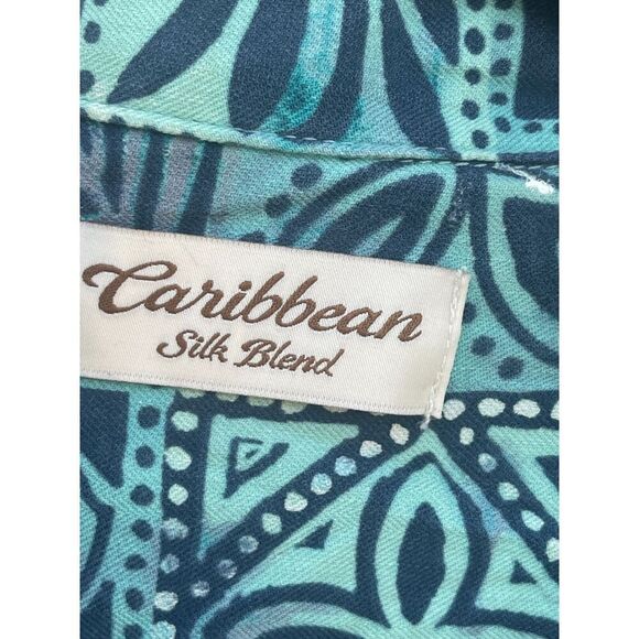 Caribbean Mens Button Up Hawaiian Shirt Size Large Blue Floral Silk Short Sleeve - Picture 3 of 12